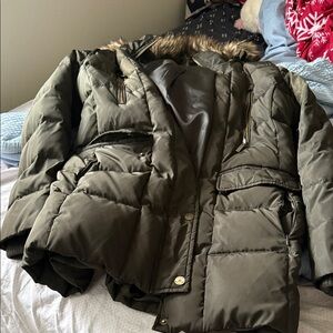 Michael Kors Olive Green Puffer Jacket with Faux Fur Trim